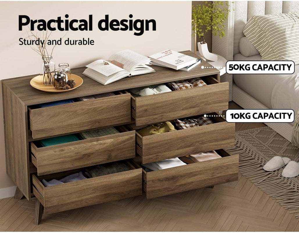 Chest of Drawers with 6 Drawer, Oak Wood Dresser Tallboy Storage Cabinet,Walnut