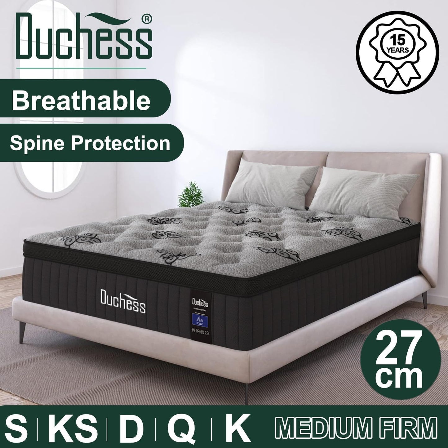 Duchess Double Mattress, Hybrid Mattress with Gel Memory Foam Mattress Pocket Springs Eurotop - High Density Foam Layer - Medium Firm 27CM