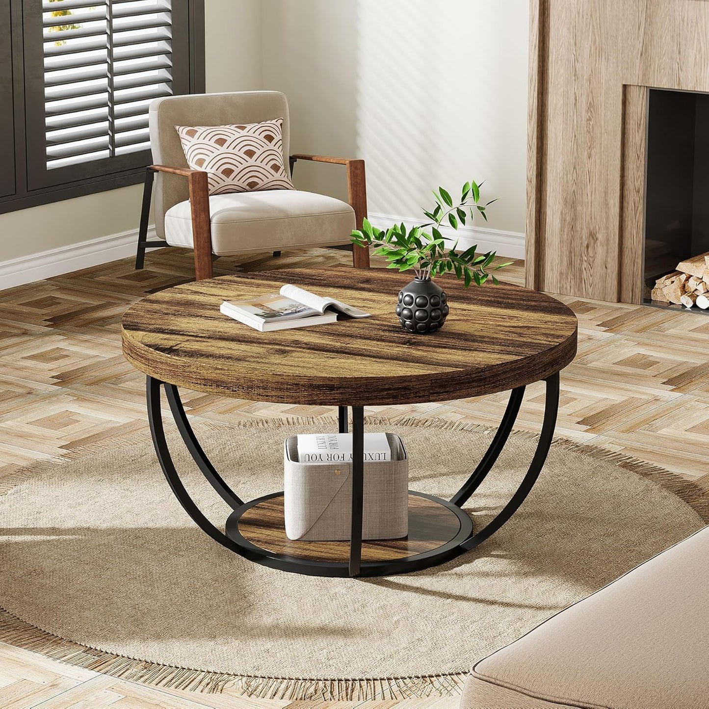 Round Coffee Table, 80Cm Wooden 2-Tier Circle Coffee Table Storage, Modern Low Coffee Table, Rustic Brown