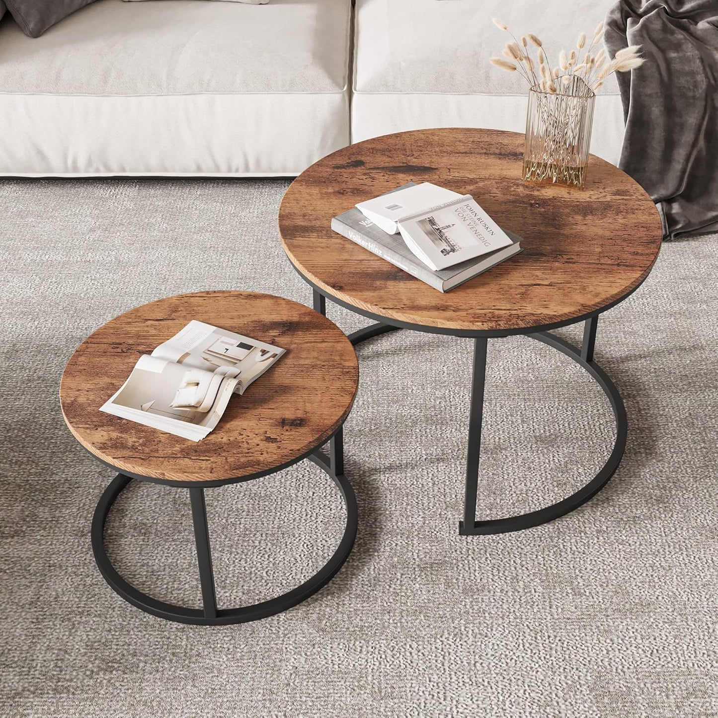 Round Nesting Coffee Table Set of 2 End Tables with Sturdy Metal Frame, Easy Assembly (Rustic Brown)