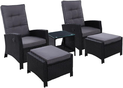 Recliner Chairs 5 Piece Wicker Sun Lounger Reclining, Outdoor Lounge Setting Patio Furniture Bistro Set Garden, with Coffee Table Cushions Ottoman Adjustable Backrest Glass Tabletop Black