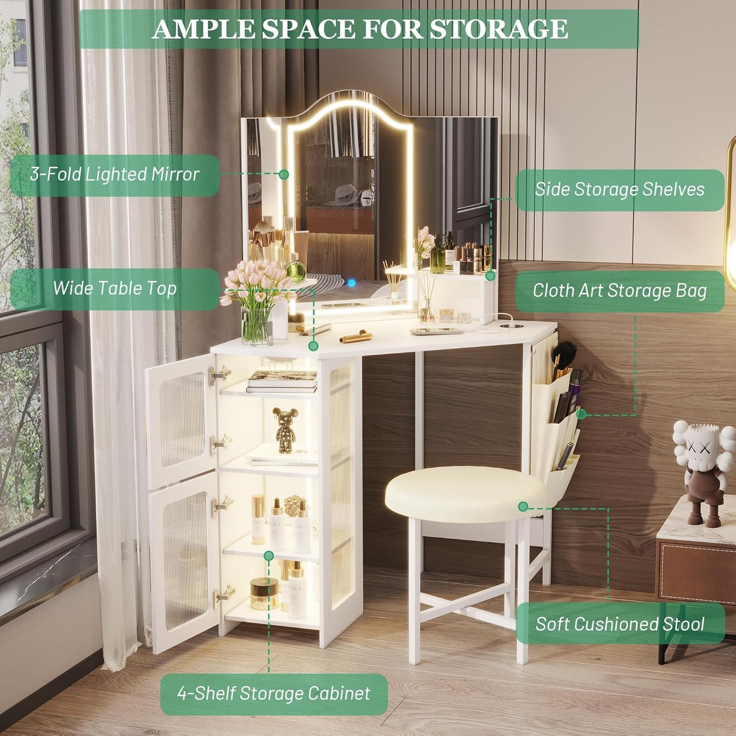 Dressing Table with Mirror and Lights, Charging Station, Corner Makeup Vanity with Storage Cabinet and Shelves, Modern Vanity Set with Stool for Bedroom (White)