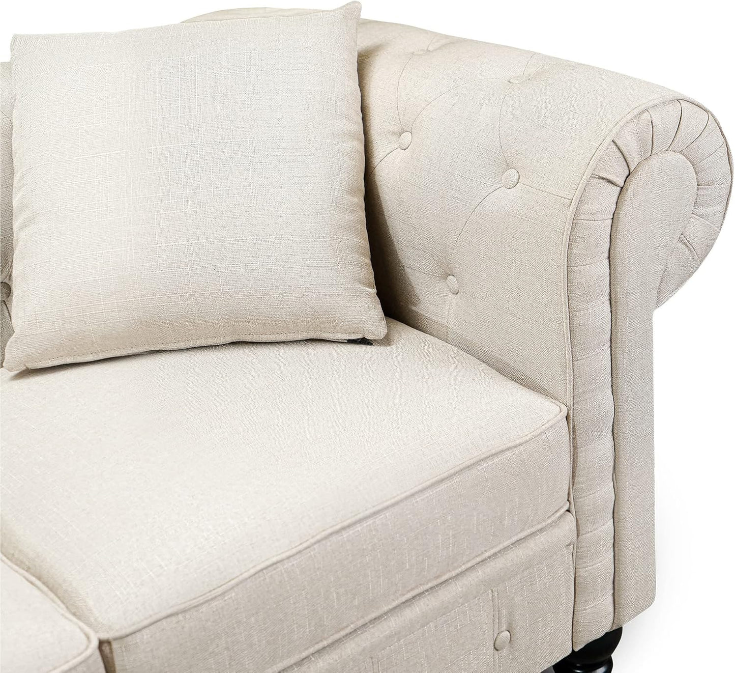 Cerna Chesterfield Sofa Lounge - Diamond Stitching, Swiss Linen-Blend Upholstery, Medium-Firm Cushions, Decorative Pillows, and Easy Assembly in Timeless Elegance, Beige