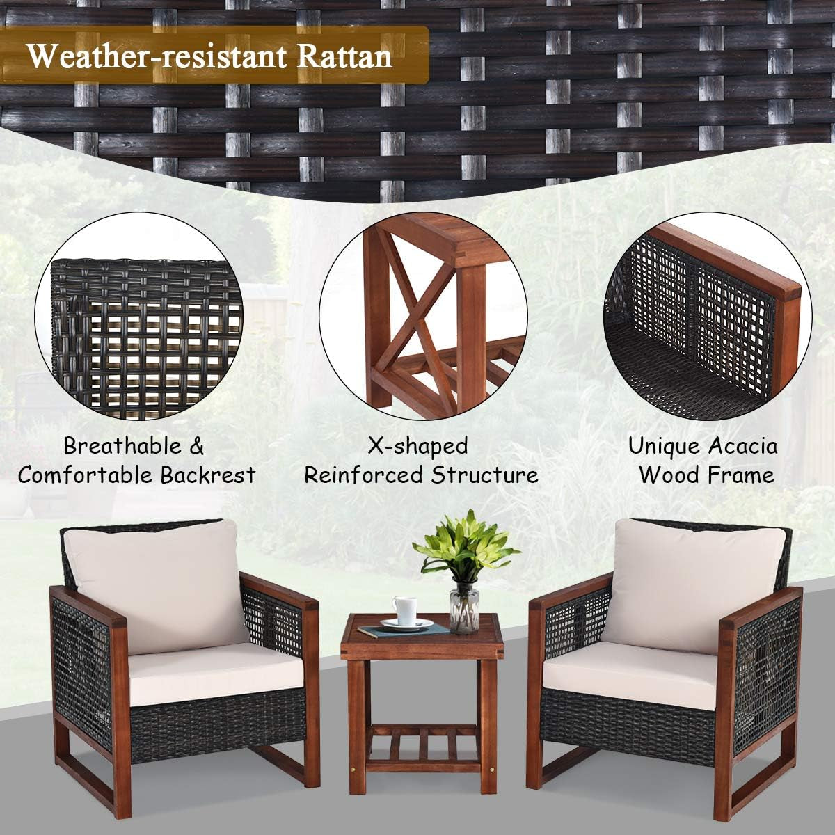 3-PCS Patio PE Rattan Chair Table Set, Wooden Wicker Furniture W/Solid Wood Frame, Soft Cushion, Coffee Table W/Shelf, Patio Conversation Sofa Setting for Balcony, Yard