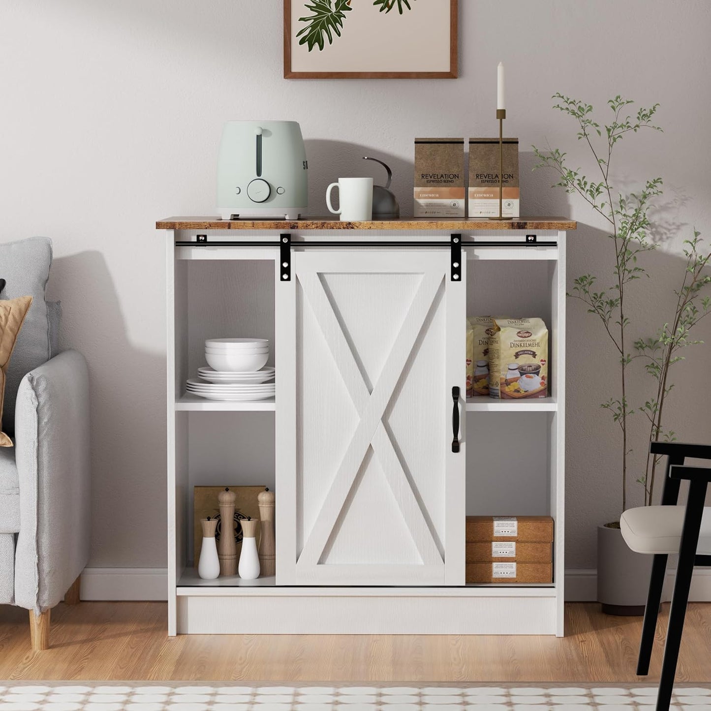 White Coffee Bar Cabinet Station, Small Kitchen Coffee Bar Cabinet with Storage, Farmhouse Sideboard Buffet Cabinet for Home, Kitchen, Living Room and Dining Room (Rustic Brown Top)