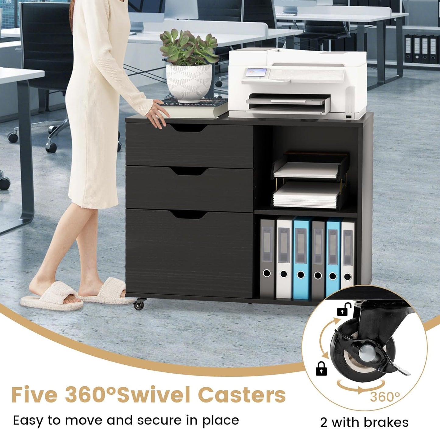 Giantex 3-Drawer File Cabinet, Mobile Printer Stand Cabinet with Adjustable Shelf, Rolling Lateral Filing Cabinet with Wheels for Letter, A4, Legal Size, for Home Office Organization (Black)