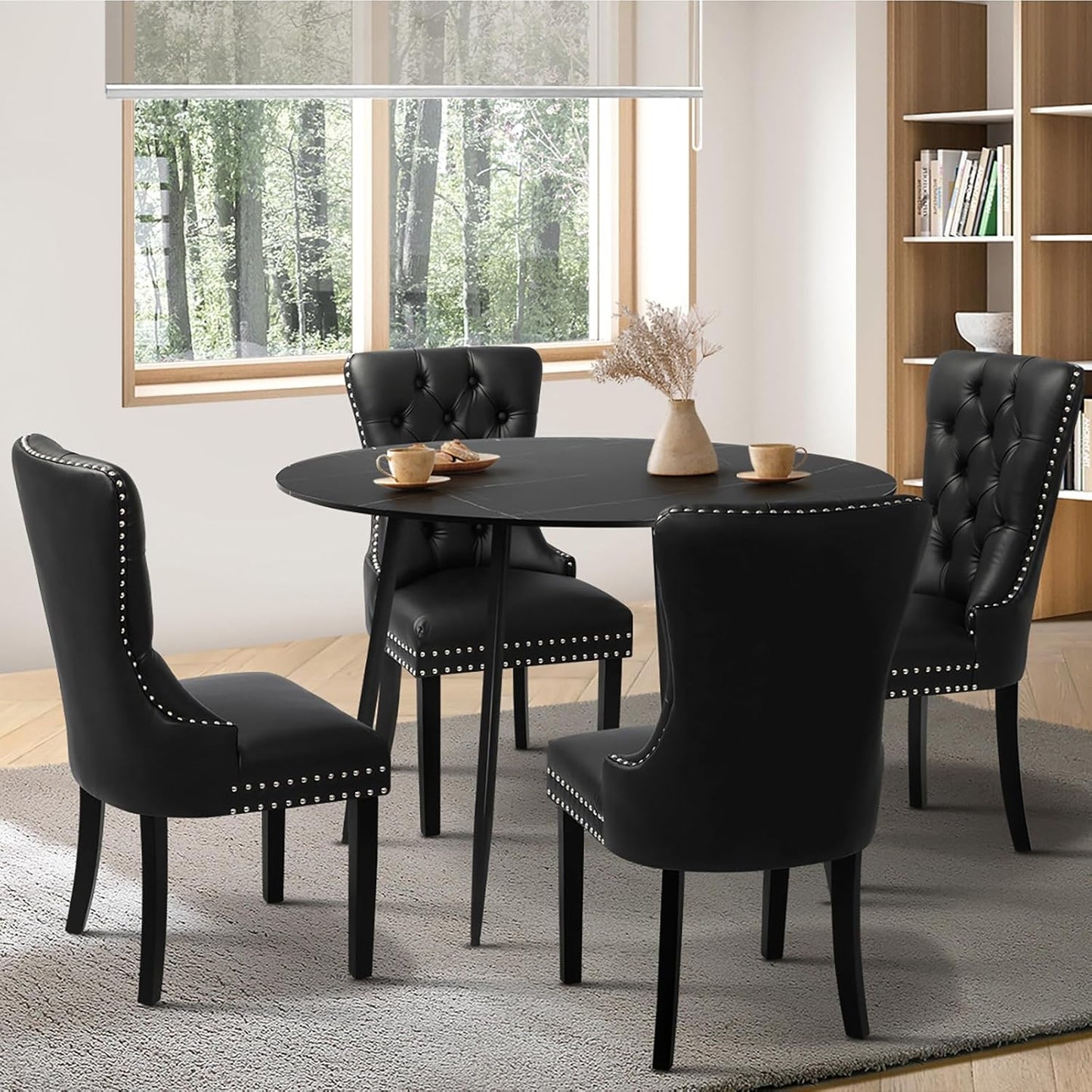 Dining Table and Chair Sets of 4 round Kitchen Table and Pu Leather Kitchen Chairs Black
