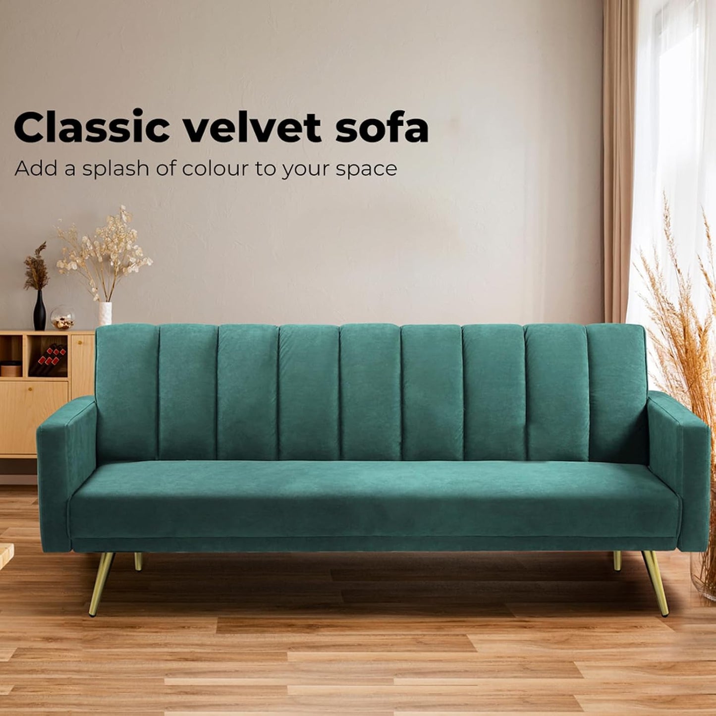 3 Seater Sofa Bed Convertible, Velvet Loveseat Sofa Couch, Recliner Sofa Lounge with 3 Adjustable Backrest Positions, Spare Bed for Guest, Load up to 220Kg (197Cm, Green)