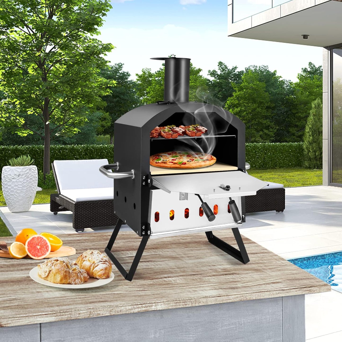 Portable Pizza Oven, Multi-Fuel Outdoor Pizza Maker W/Folding Legs & Portable Handles, 2-Tier Design, Adjustable Air Vents, Wood Fired Pizza Stove W/Pizza Stone, Pizza Peel, Waterproof Cover