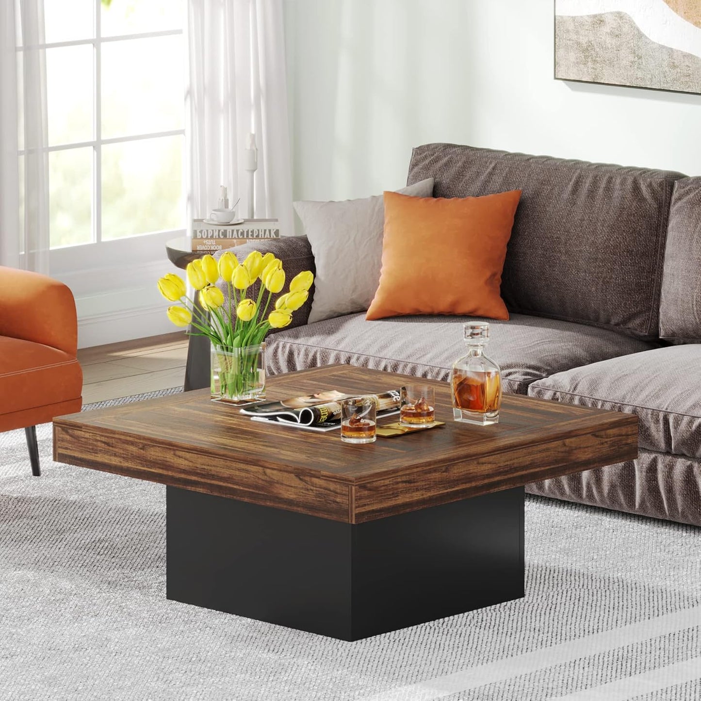Coffee Table Square LED Coffee Table Engineered Wood Low Coffee Table for Living Room (Rustic Brown+Black)