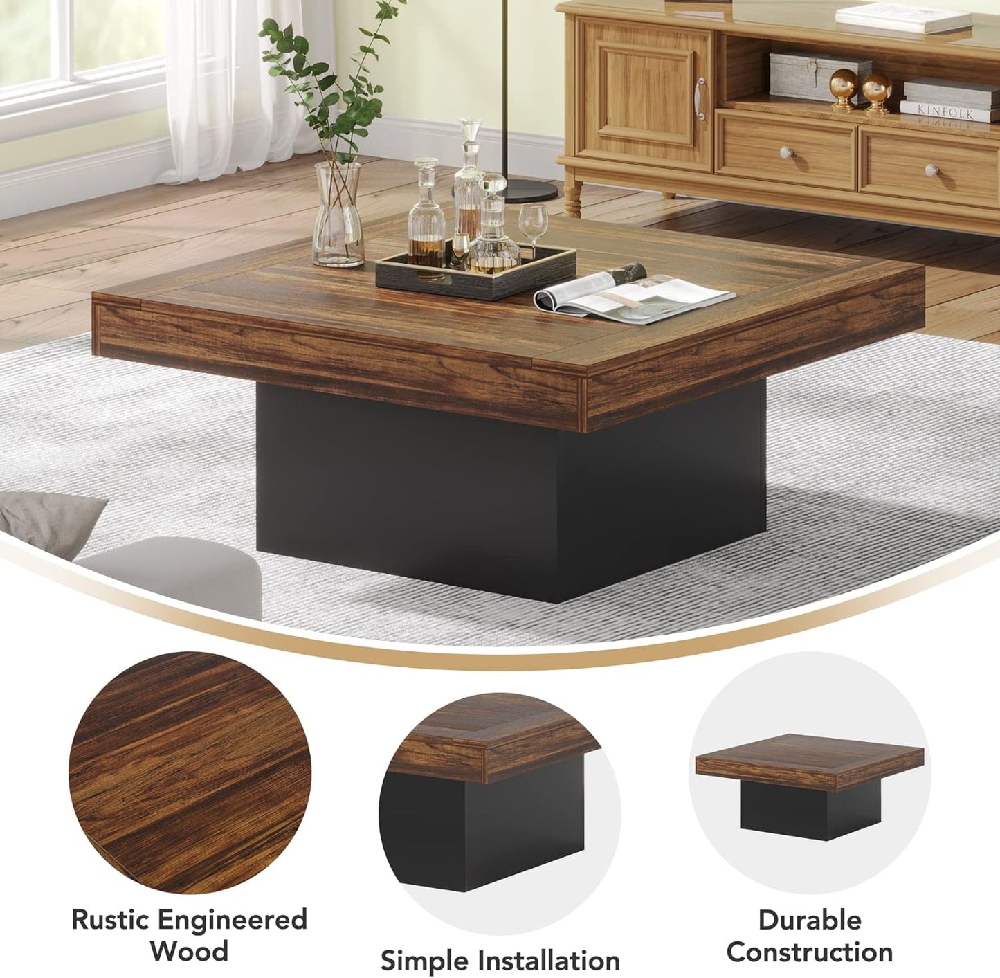 Coffee Table Square LED Coffee Table Engineered Wood Low Coffee Table for Living Room (Rustic Brown+Black)
