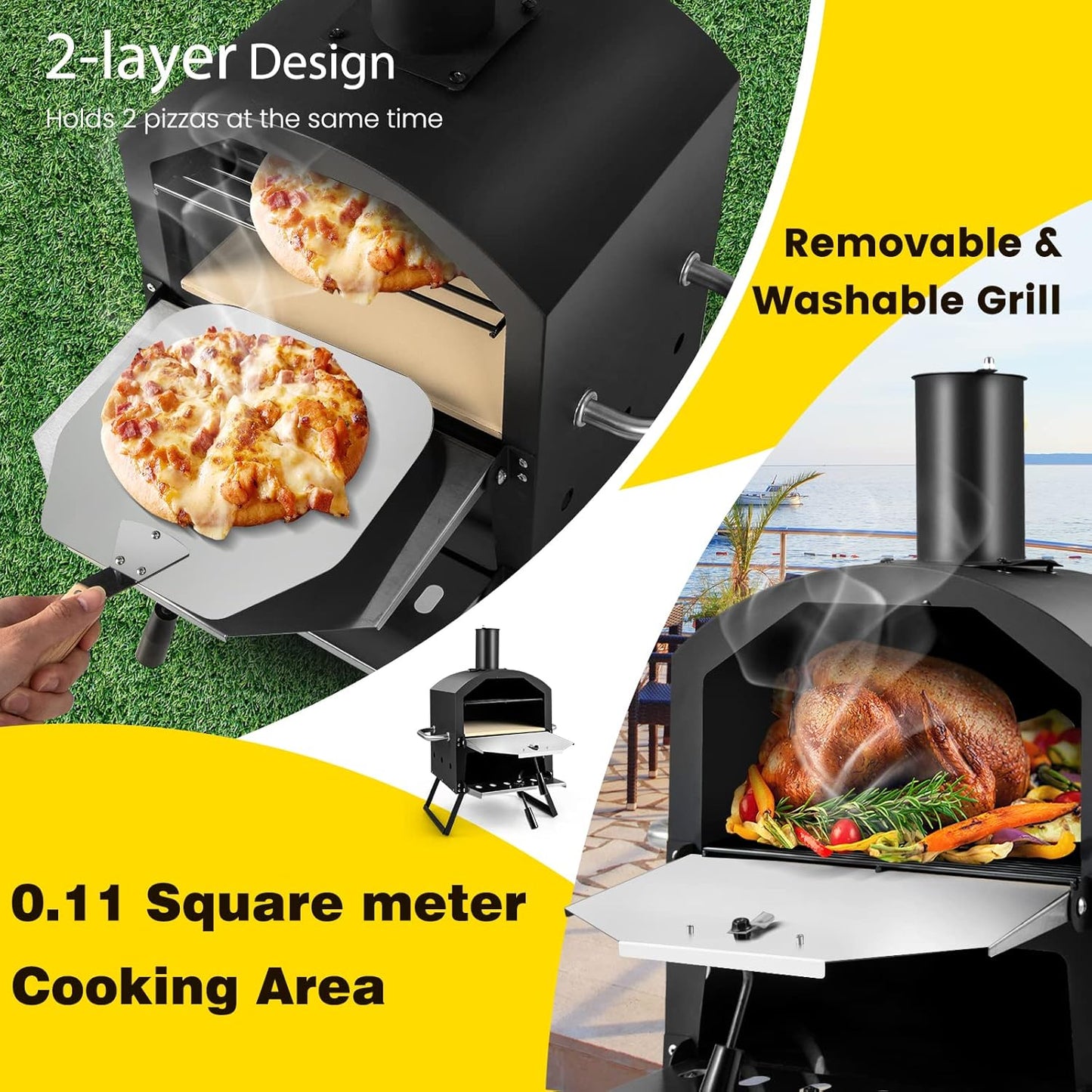 Portable Pizza Oven, Multi-Fuel Outdoor Pizza Maker W/Folding Legs & Portable Handles, 2-Tier Design, Adjustable Air Vents, Wood Fired Pizza Stove W/Pizza Stone, Pizza Peel, Waterproof Cover