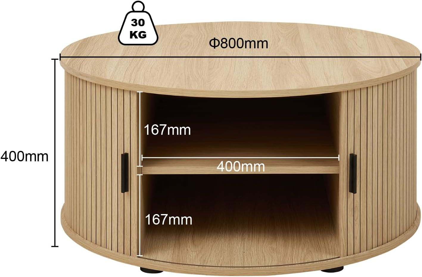 Round Coffee Table with Storage, Mid Century Modern Coffee Table with Sliding Cabinet Door, Wood Coffee Table for Living Room Oak