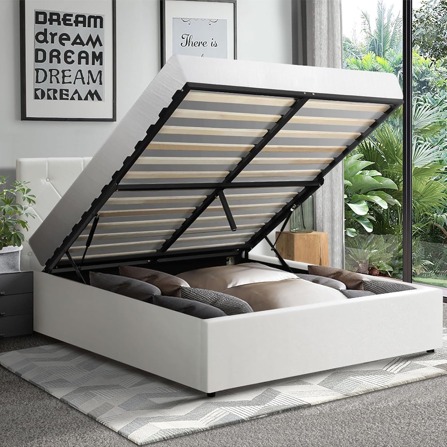 Queen Bed Frame with Storage and Gas Lift Leather Bed White
