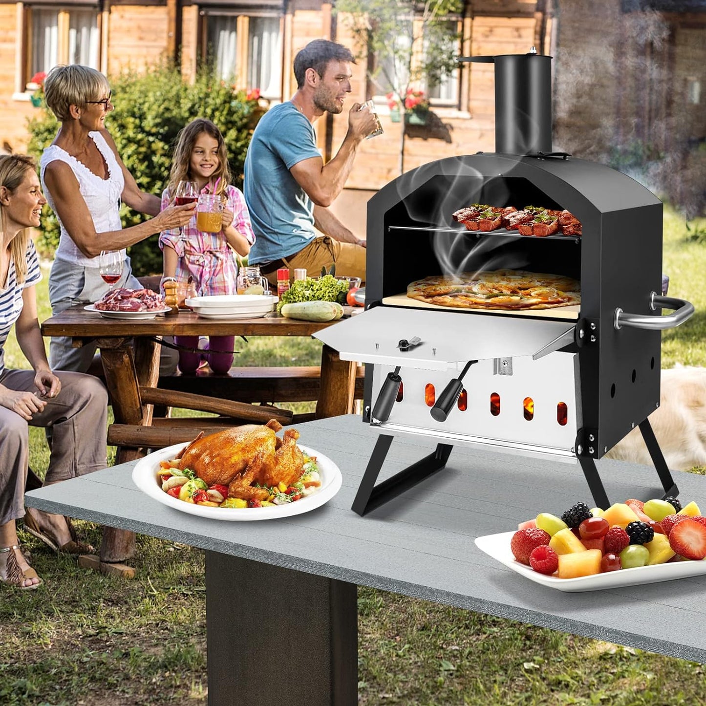 Portable Pizza Oven, Multi-Fuel Outdoor Pizza Maker W/Folding Legs & Portable Handles, 2-Tier Design, Adjustable Air Vents, Wood Fired Pizza Stove W/Pizza Stone, Pizza Peel, Waterproof Cover