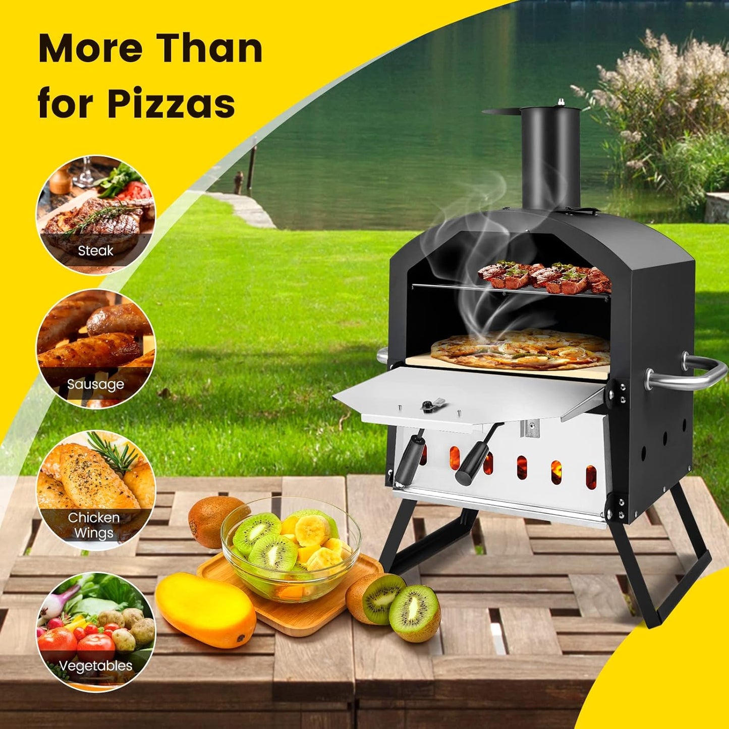Portable Pizza Oven, Multi-Fuel Outdoor Pizza Maker W/Folding Legs & Portable Handles, 2-Tier Design, Adjustable Air Vents, Wood Fired Pizza Stove W/Pizza Stone, Pizza Peel, Waterproof Cover