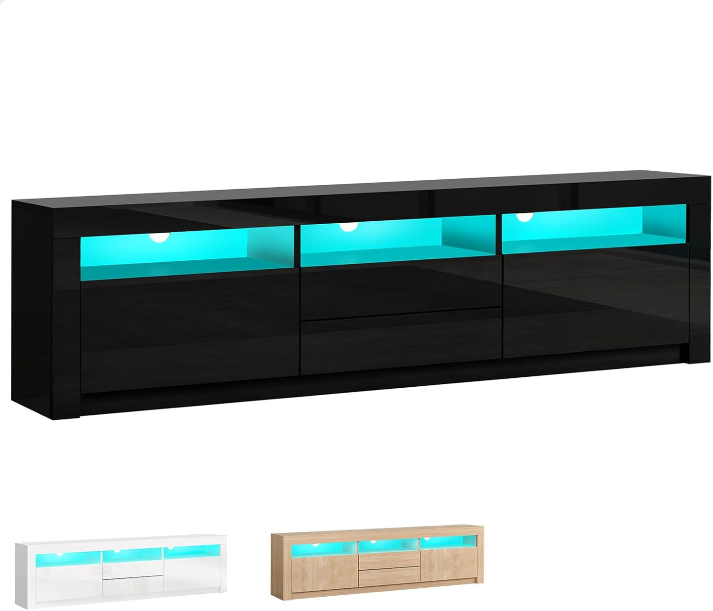 ALFORDSON LED Light TV Cabinet Stand with Storage Cabinet, Shelves and Drawers, Entertainment Unit with Shelves & 2 Drawers, RGB Minimalist Design Multimedia Centres,180X35X60Cm, Black