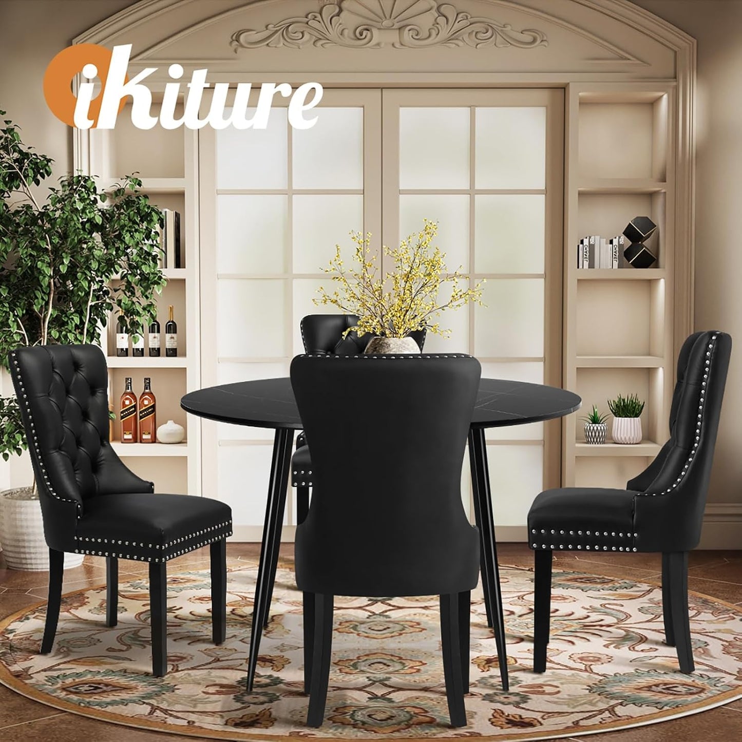 Dining Table and Chair Sets of 4 round Kitchen Table and Pu Leather Kitchen Chairs Black