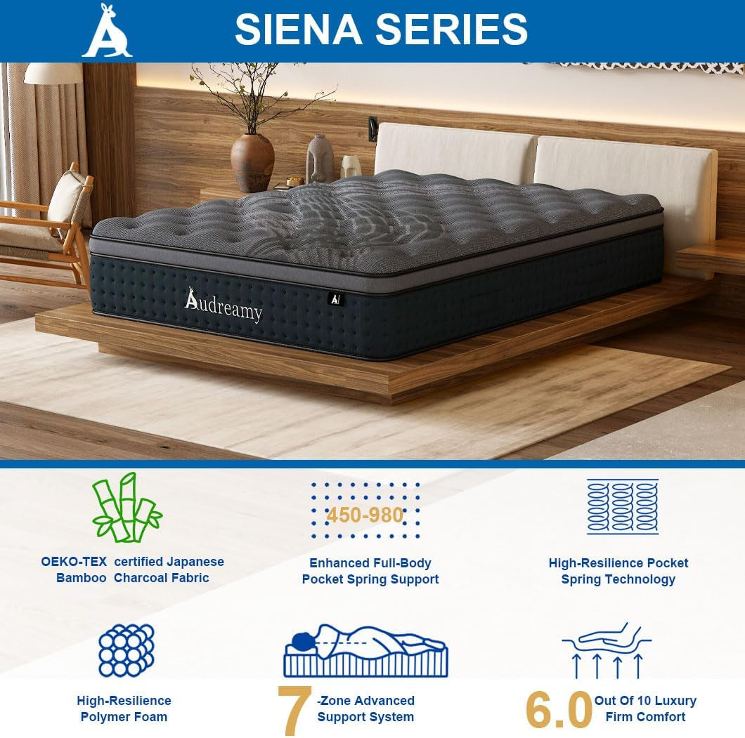 Audreamy Siena Mattress 35Cm Bamboo Charcoal Fabric Plush Euro Top 7 Zone Hybrid Pocket Spring System Memory Foam Enhanced Edge Support Breathable Medium Firm King