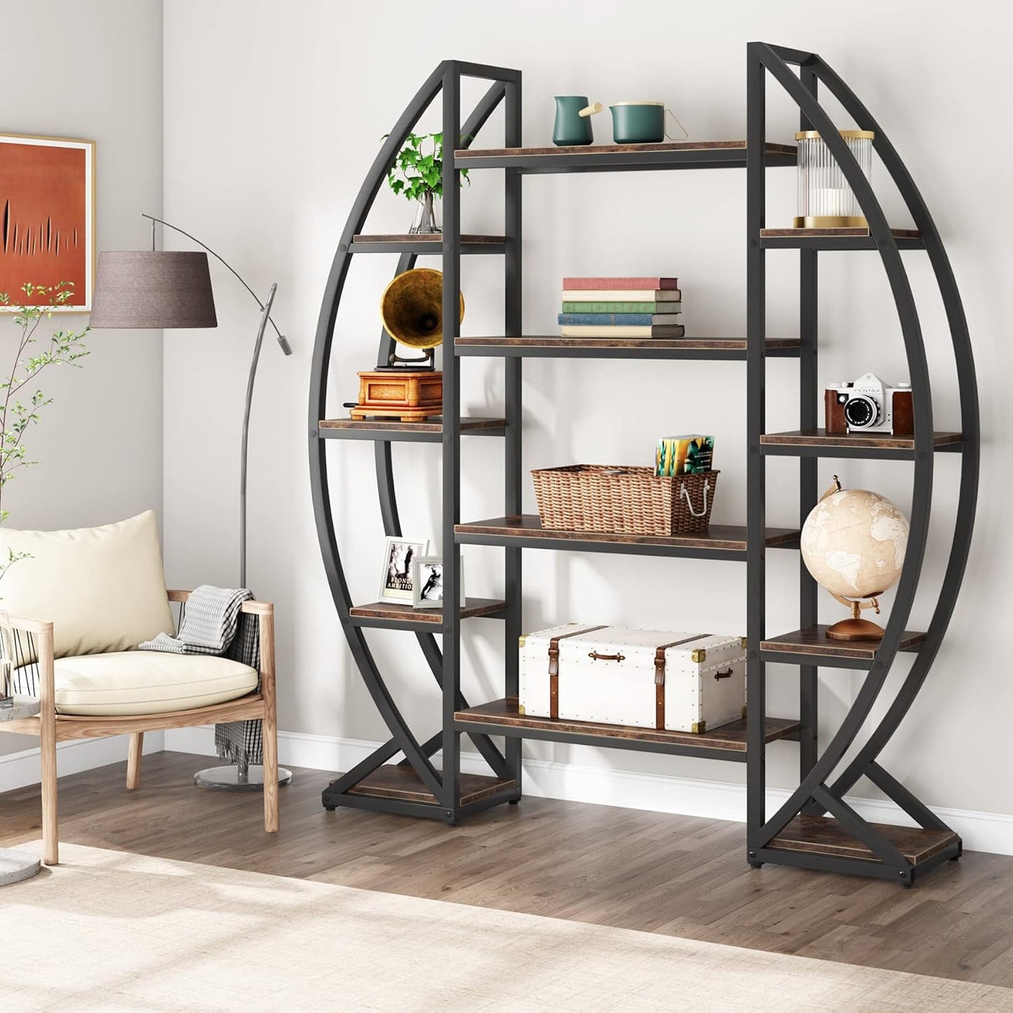 Oval Bookshelf, Triple Wide 5 Tier Etagere Bookcase, Industrial Display Shelves for Living Room (Brown, 55")