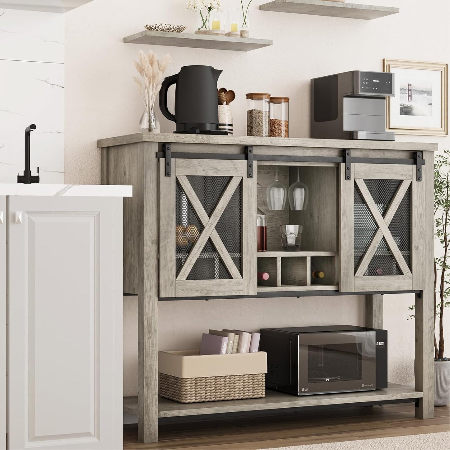Coffee Bar Cabinet, Sideboard Buffet Storage Cabinet with Storage, Farmhouse Wine Bar Cabinet with Wine Glass Rack, Liquor Cabinet Bar for Home, Kitchen, Dining, Living Room, Grey
