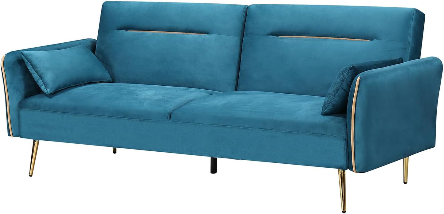3 Seater Sofa Bed, Convertible Velvet Lounge Futon Couch with Recliner, Adjustable 3 Level Backrest with 2 Throw Pillow, Golden Legs for Small Spaces(198Cm X 80Cm X 83Cm, Peacock Blue)