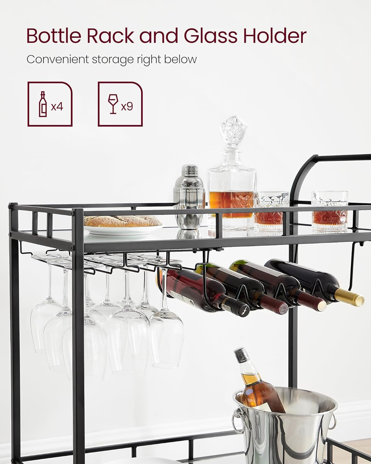 Bar Cart Black, Home Bar Serving Cart, Wine Cart with 2 Mirrored Shelves, Wine Holders, Glass Holders, for Kitchen, Dining Room, Black ULRC090B62