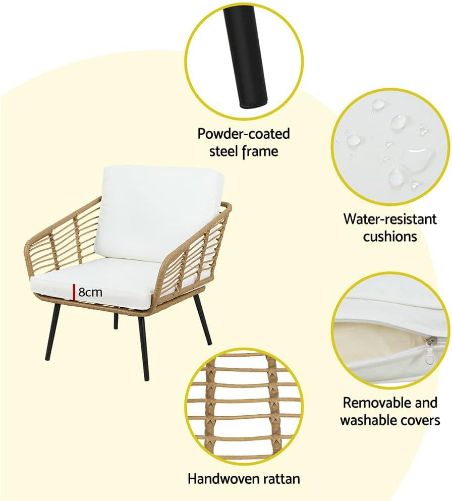 Outdoor Sofa 4 Piece Wicker Lounge Setting Table and Chairs, Patio Furniture Rattan Modular Set Garden Pool Deck Backyard, Weather-Resistant Cushions Glass Tabletop Brown