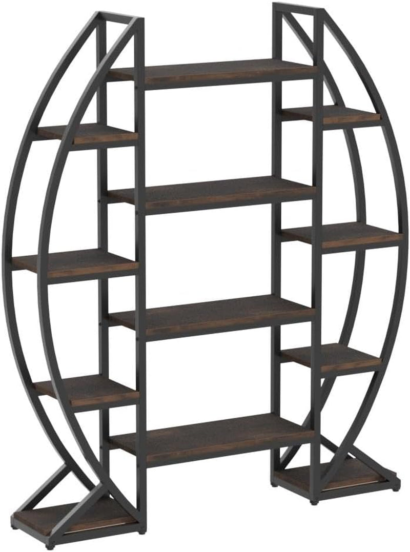 Oval Bookshelf, Triple Wide 5 Tier Etagere Bookcase, Industrial Display Shelves for Living Room (Brown, 55")