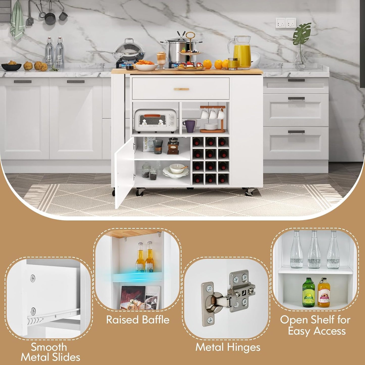 Kitchen Island Cart Bar Table Combo, 2-In-1 Reversible Mobile Serving Cart, Rubber Wood Top, Adjustable Shelf, 12-Bottle Wine Rack, Drawer, Spice Rack, Island Trolley Storage Cart, White