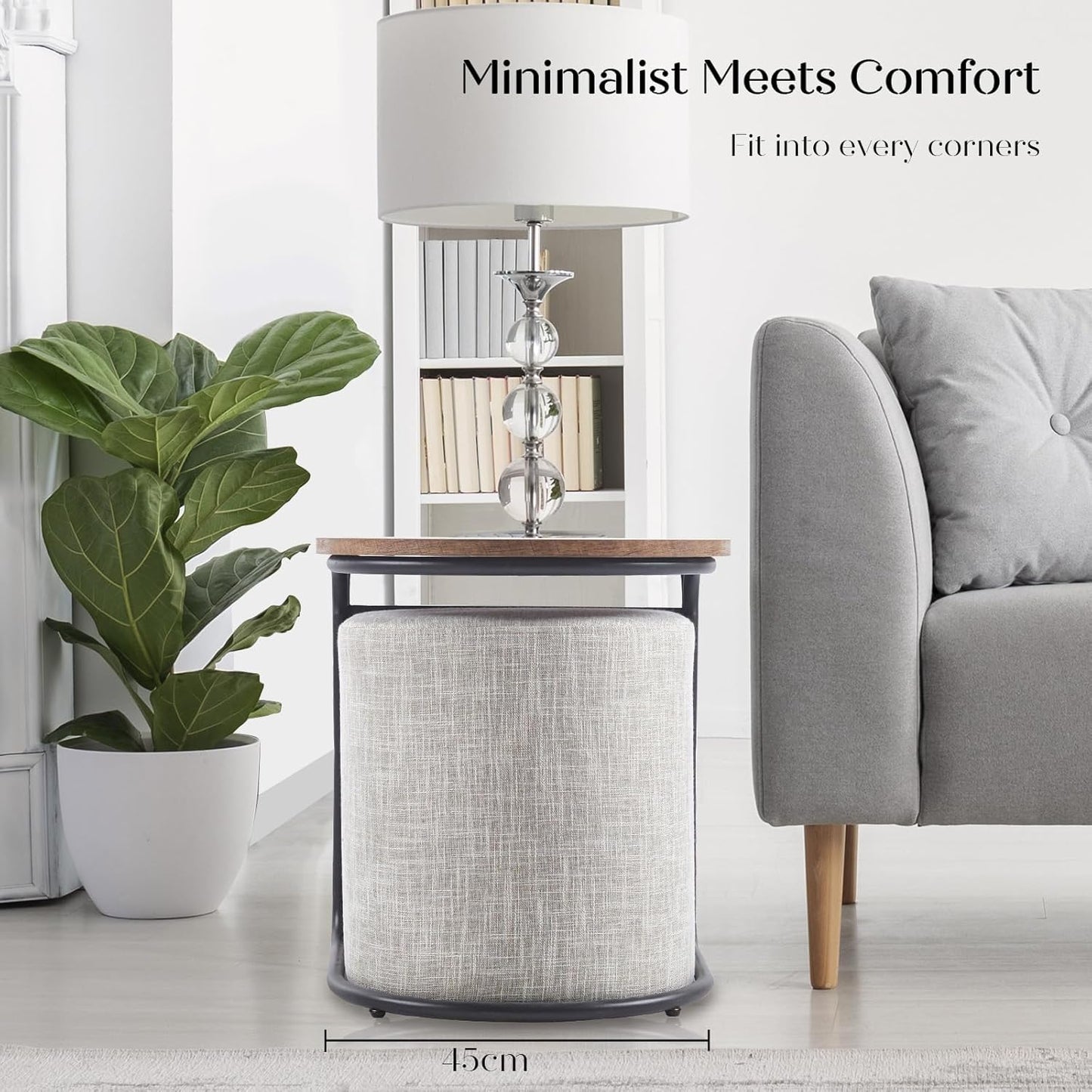 3 Piece Set Coffee Table & Ottoman Wood Side End Table Industrial Rustic - Cream Grey