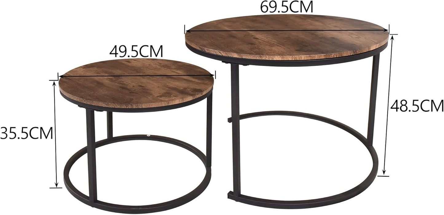 Round Nesting Coffee Table Set of 2 End Tables with Sturdy Metal Frame, Easy Assembly (Rustic Brown)