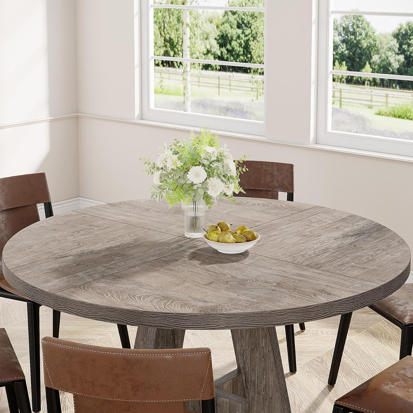 Round Dining Table Wood Kitchen Table for Dining Room Living Room, 47 Inches Dining Room Tables for 4 Person, Farmhouse Dinner Table with Wooden Table Top and Legs, Rustic Grey(Only Table)
