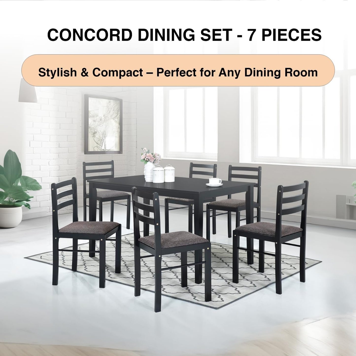 7-Piece Rustic Dining Set, Okoume Plywood Table & Chairs, Black