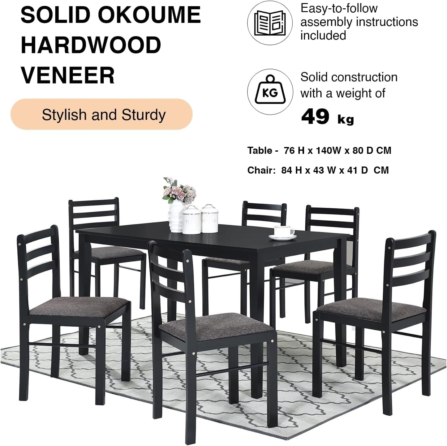 7-Piece Rustic Dining Set, Okoume Plywood Table & Chairs, Black