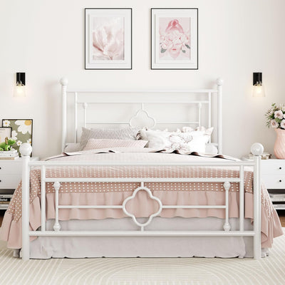 Queen Size Metal Platform Bed Frame/Vintage Iron-Art Headboard and Footboard/Mattress Foundation for Storage/No Box Spring Needed/Noise-Free/Easy Assembly/White