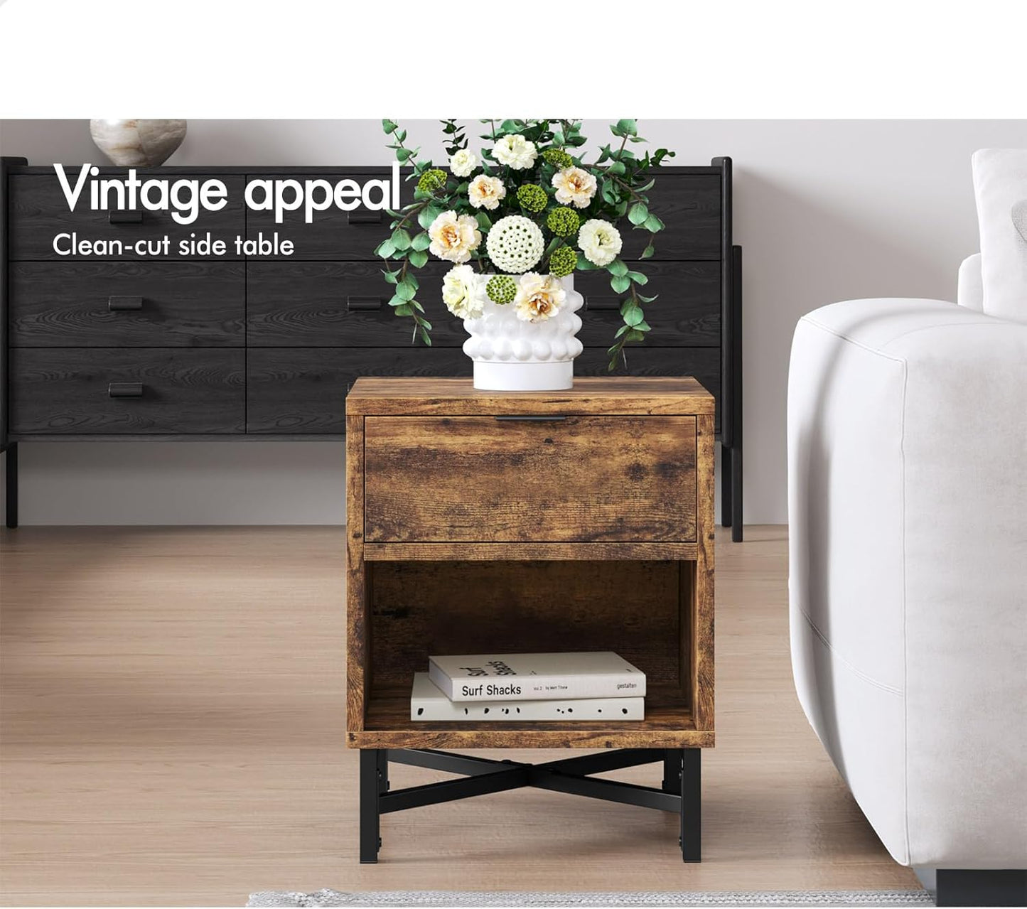 Wooden Bedside Table with Metal Frame Base, Compact Nightstand with Drawer and Shelf, 40 X 39.5 X 50.5Cm, Wood