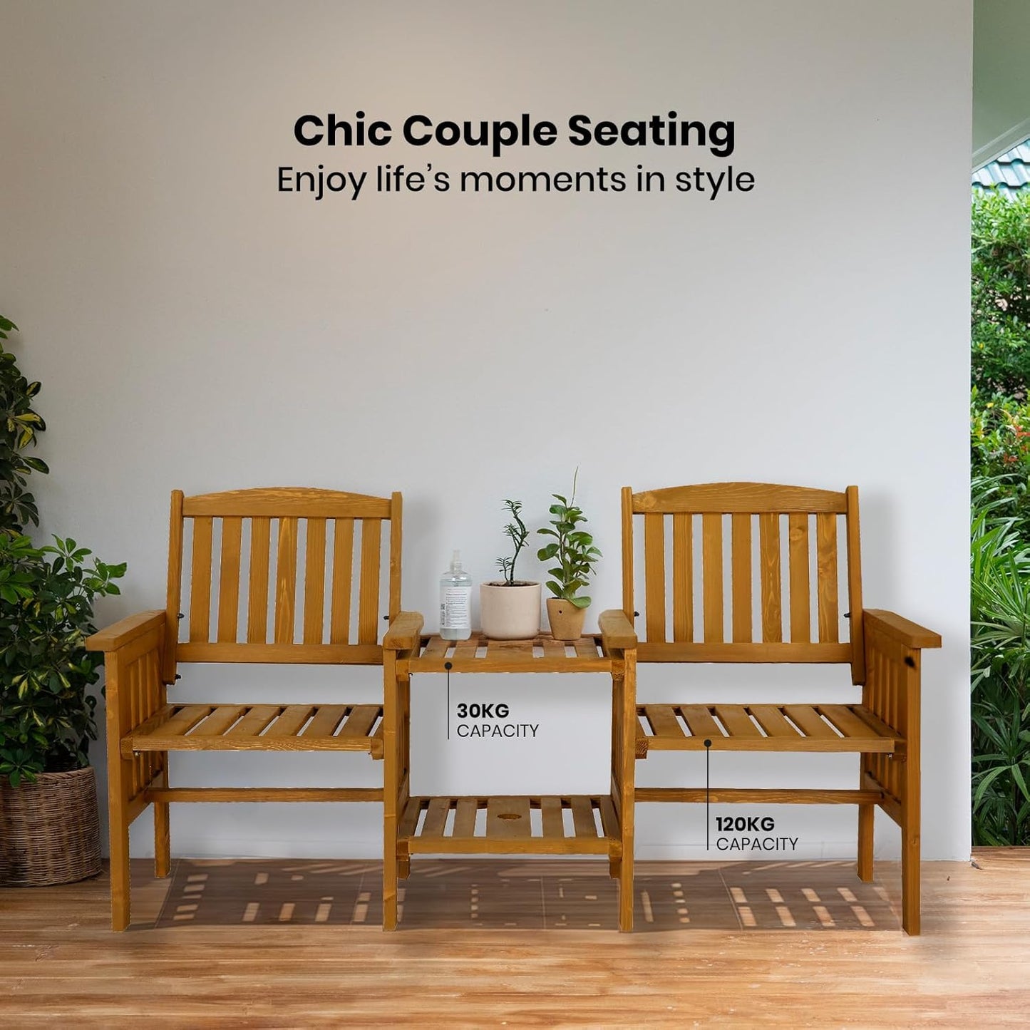 Wooden Outdoor Loveseats and Table Set - Fir Wood Twin Seats and Integrated Table Patio Conversation Set with 2-Seater Armchairs and Coffee Table Durable Garden Bench Furniture - White