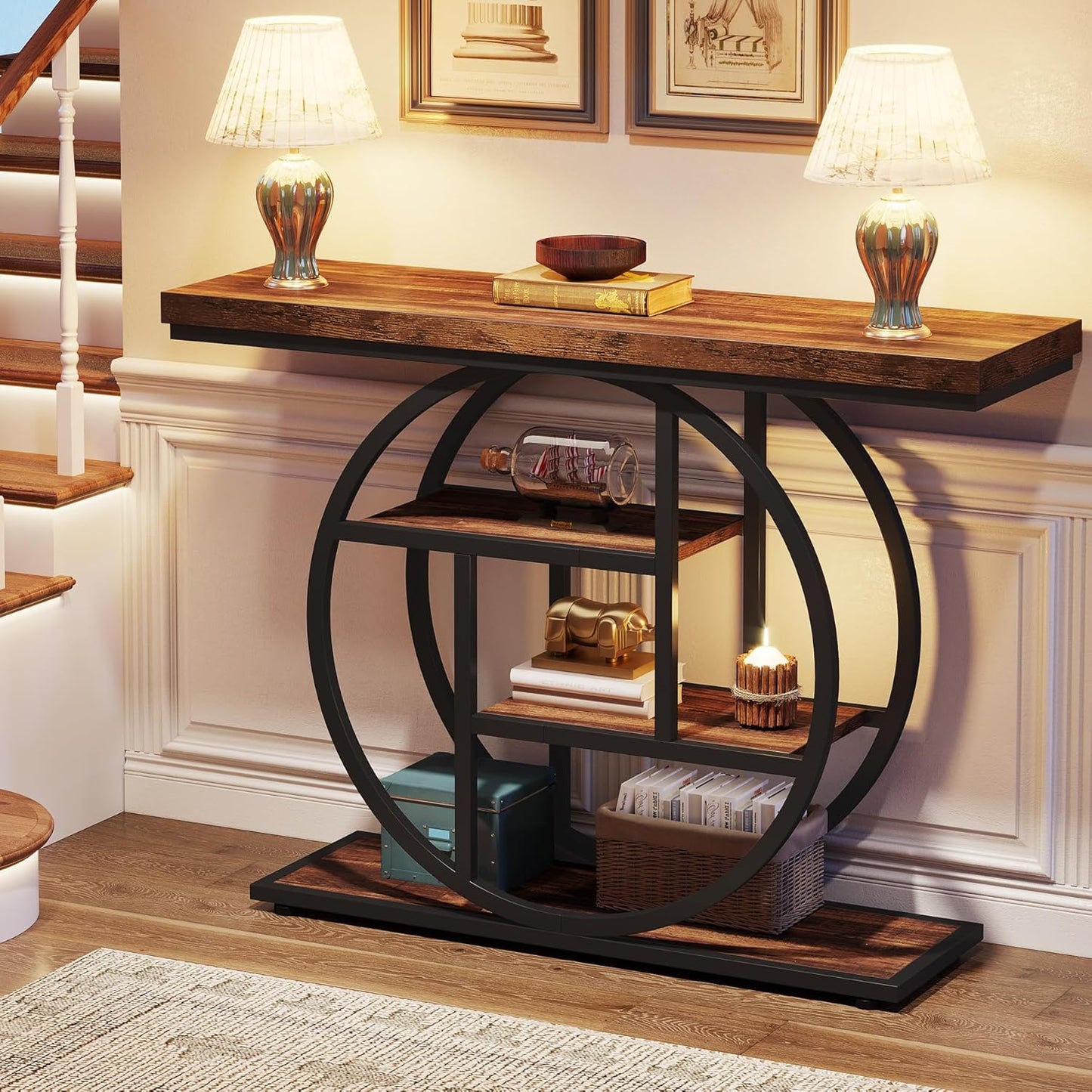 Rustic Console Table Hallway,105Cm Console Table, 4-Tier Entryway Console Table, Narrow Hall Table with Storage Shelves for Living Room, Foyer, Rustic Brown