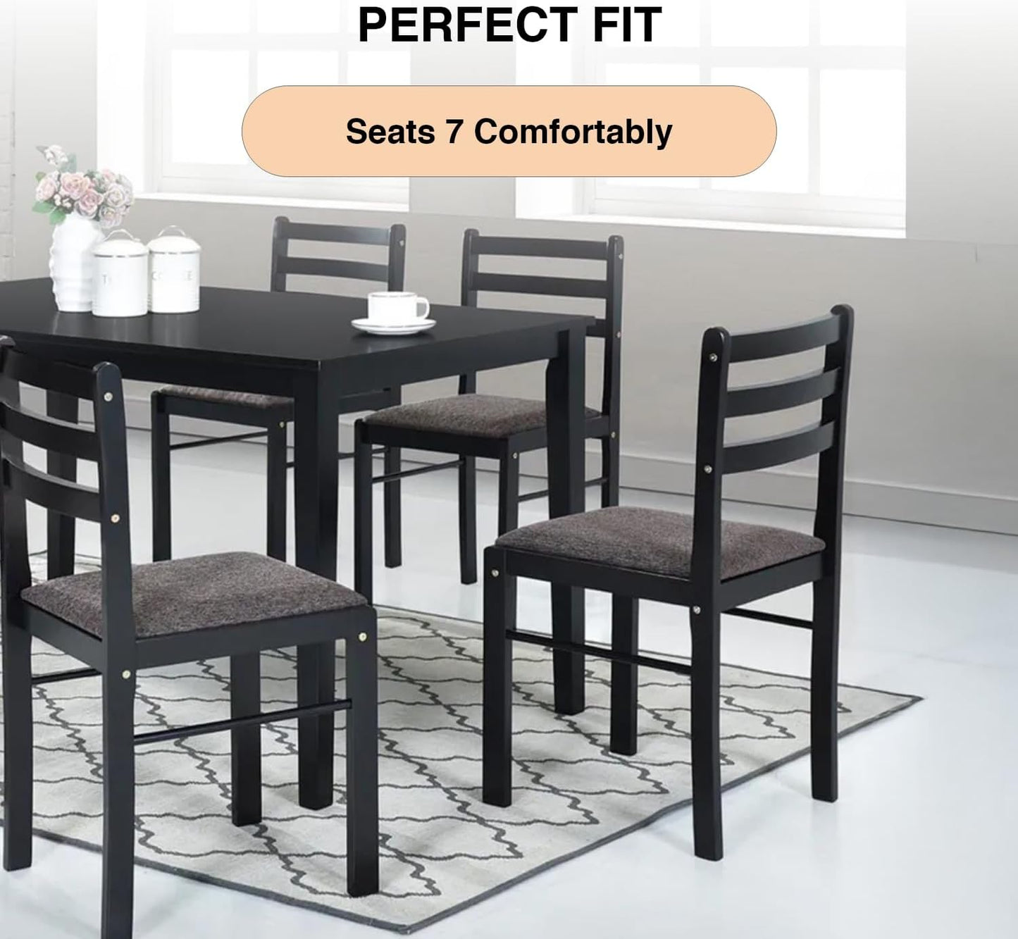 7-Piece Rustic Dining Set, Okoume Plywood Table & Chairs, Black