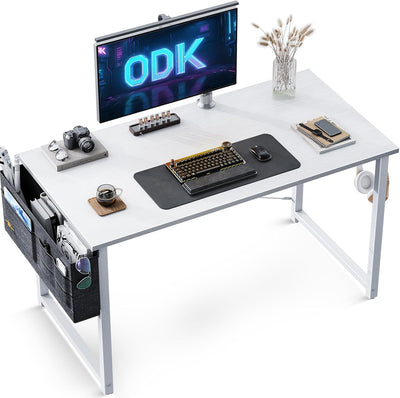 ODK Computer Desk Home Office Desk, Modern Writing Table, Simple Style PC Table with Storage Bag and Headphone Hook,100 * 48Cm White
