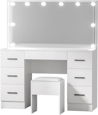 Vanity Table, 10 Bulbs LED Mirror Makeup Stool Set, 7 Drawers Shelves Wide Tabletop White