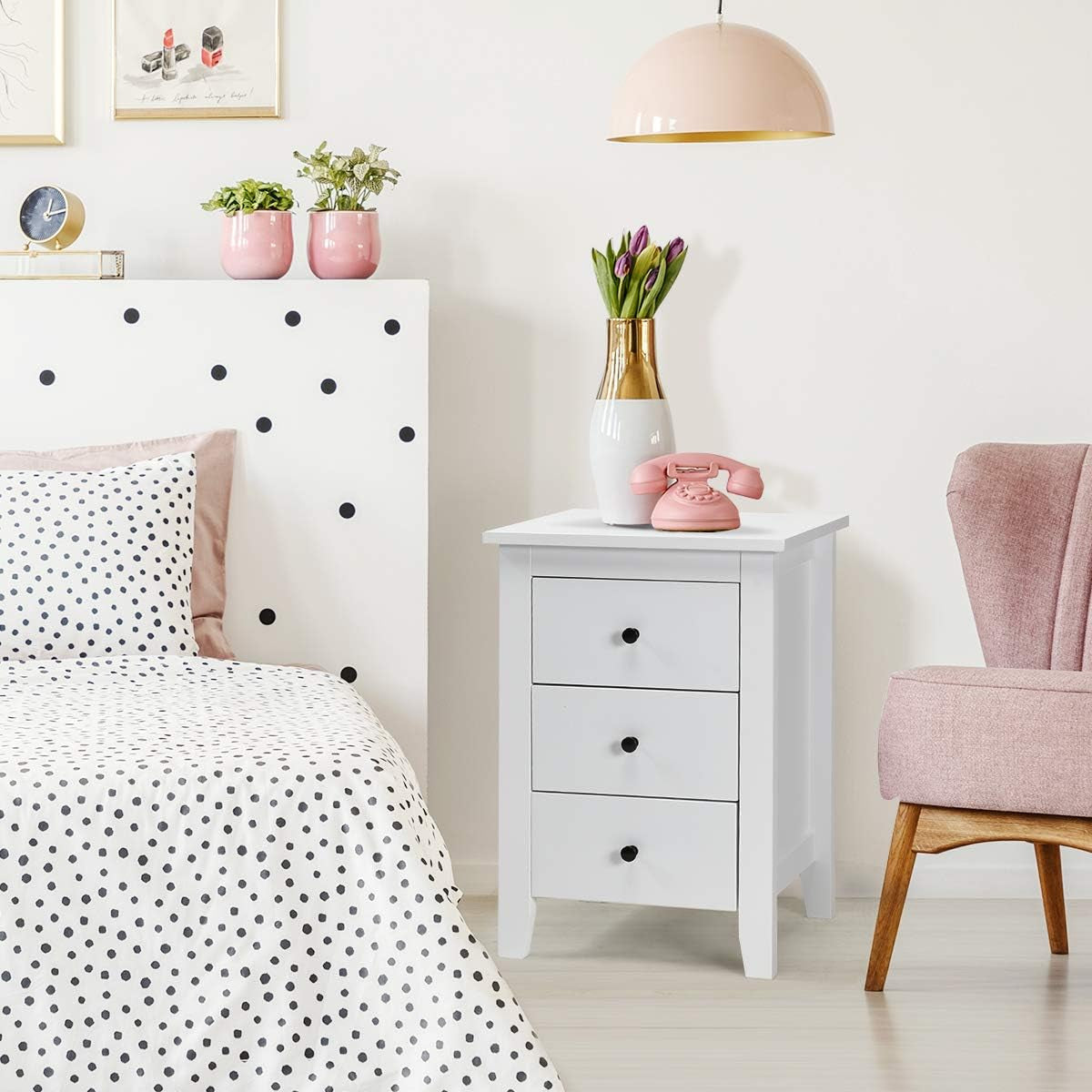 Giantex 2PCS End Side Table, Nightstand W/ 3 Drawers, Modern Bedside Cabinet, Wooden End Table W/Sturdy Structure, Accent Table W/Solid Wood Legs, Bedside Table Sofa Side Table for Bedroom Living Room