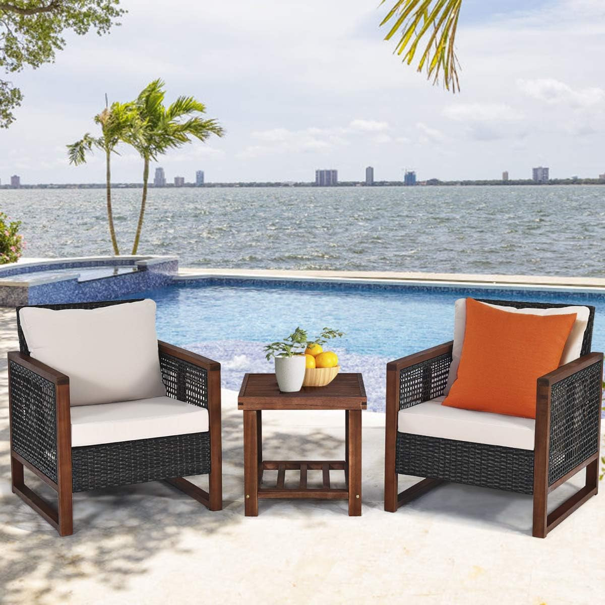 3-PCS Patio PE Rattan Chair Table Set, Wooden Wicker Furniture W/Solid Wood Frame, Soft Cushion, Coffee Table W/Shelf, Patio Conversation Sofa Setting for Balcony, Yard