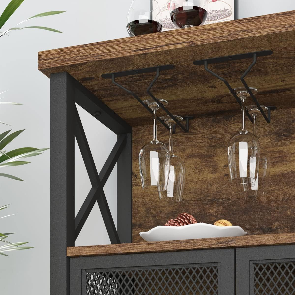 Industrial Coffee Bar Cabinet, Farmhouse Wine Bar Cabinet for Liquor and Glasses, Metal Wood Sideboard Buffet Liquor Cabinet and Wine Rack with Storage for Home Dining Kitchen, Rustic Brown, 47 In