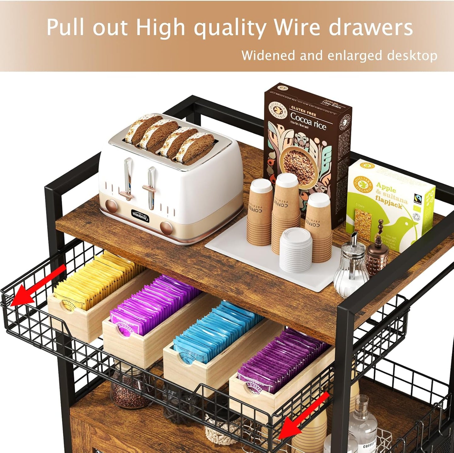 Coffee Bar Cabinet, 3 Tier Coffee Station Table on Wheels, 35.9'' H Bar Cart with Wire Basket Drawer & 5 Hooks for Home Kitchen