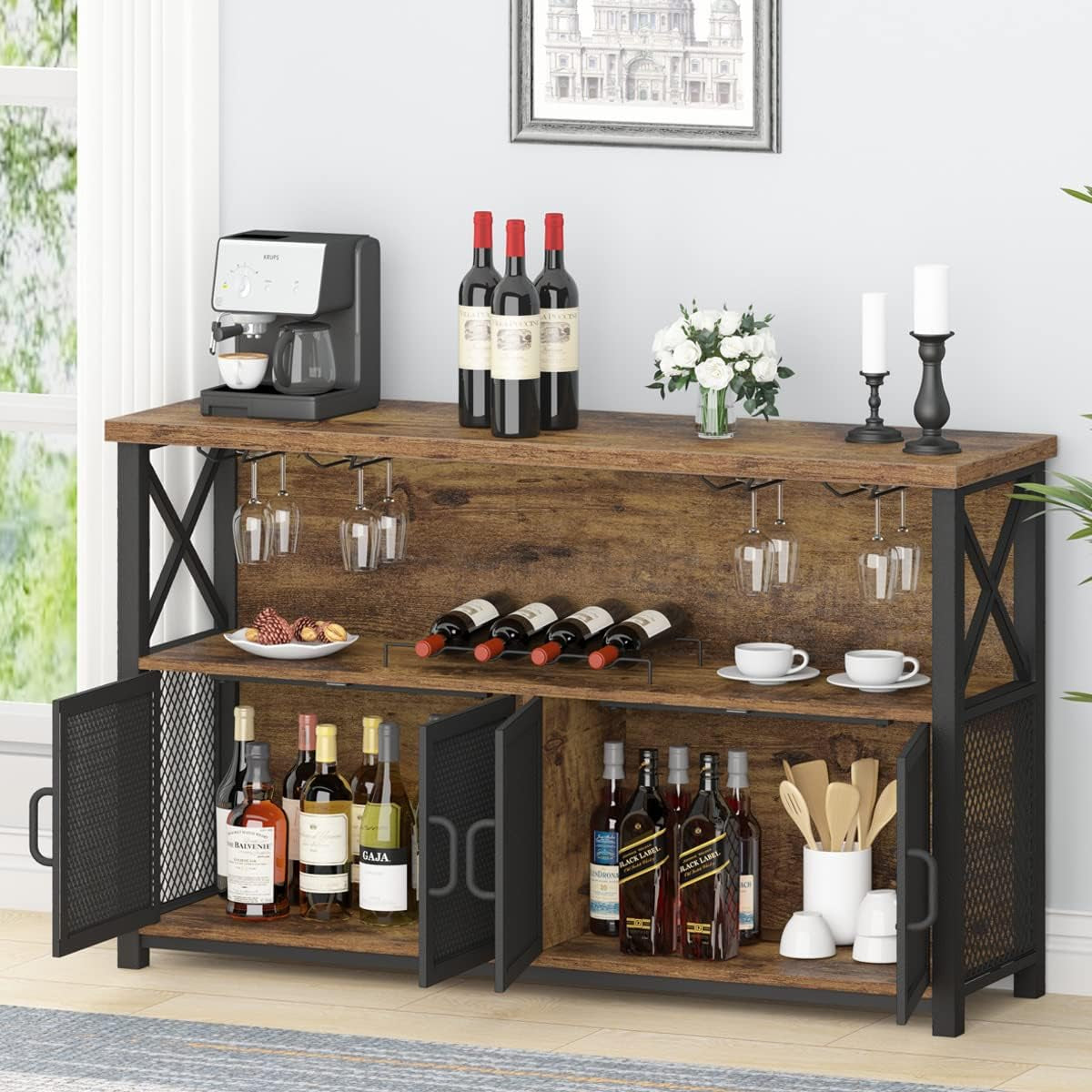Industrial Coffee Bar Cabinet, Farmhouse Wine Bar Cabinet for Liquor and Glasses, Metal Wood Sideboard Buffet Liquor Cabinet and Wine Rack with Storage for Home Dining Kitchen, Rustic Brown, 47 In