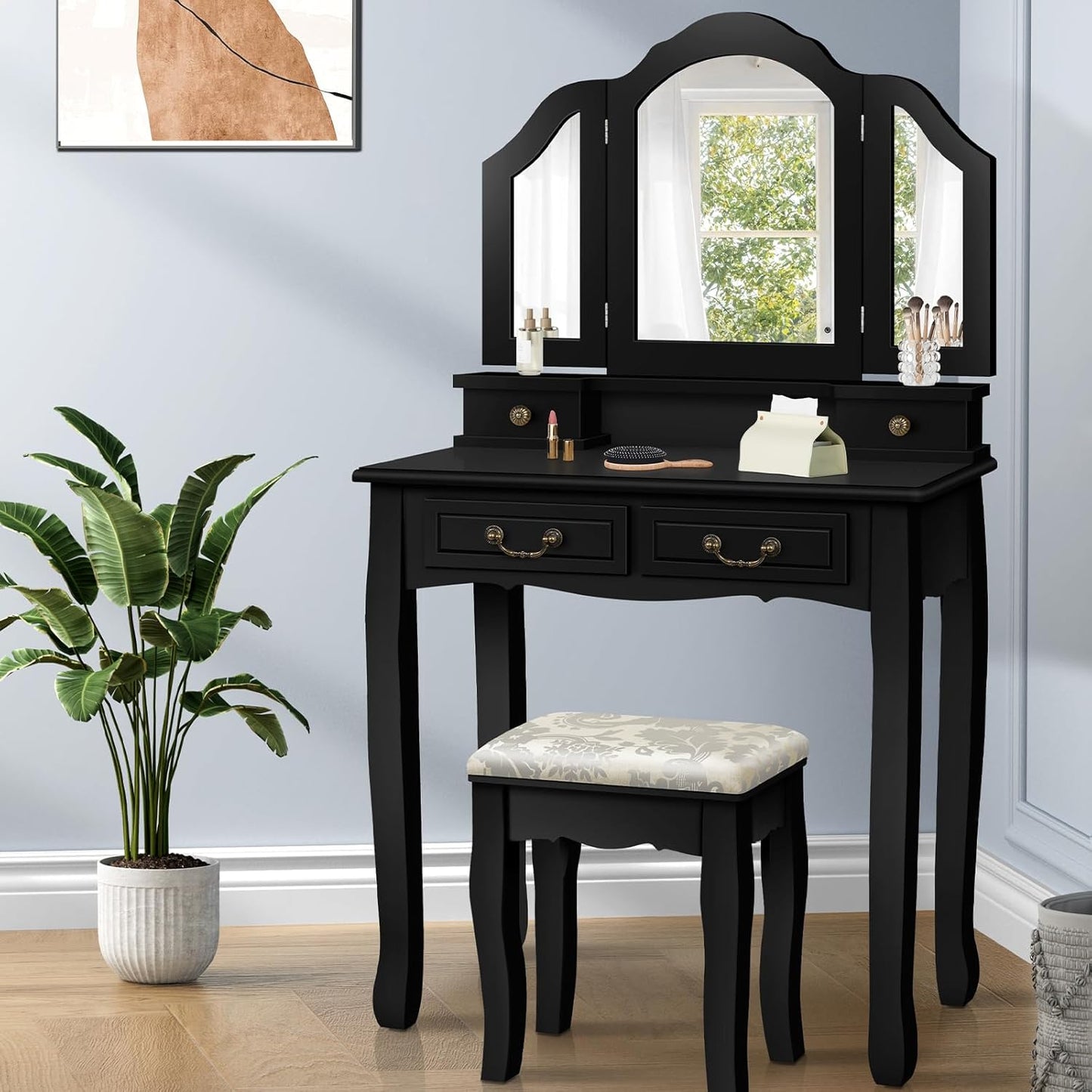 Dressing Table and Stool Chair Set Black Color, Makeup Vanity Desk with Foldable Tri-Fold Mirror, Dresser Organiser for Women Bedroom Dress Room