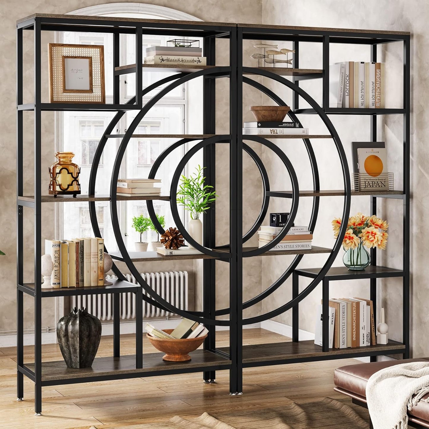 Geometric Bookcase, 71 Inches, Industrial 8-Tiers Bookshelves, Rustic Etagere Bookcase with Metal Frame, Tall Freestanding Open Storage Shelving Units for Home Office, Living Room
