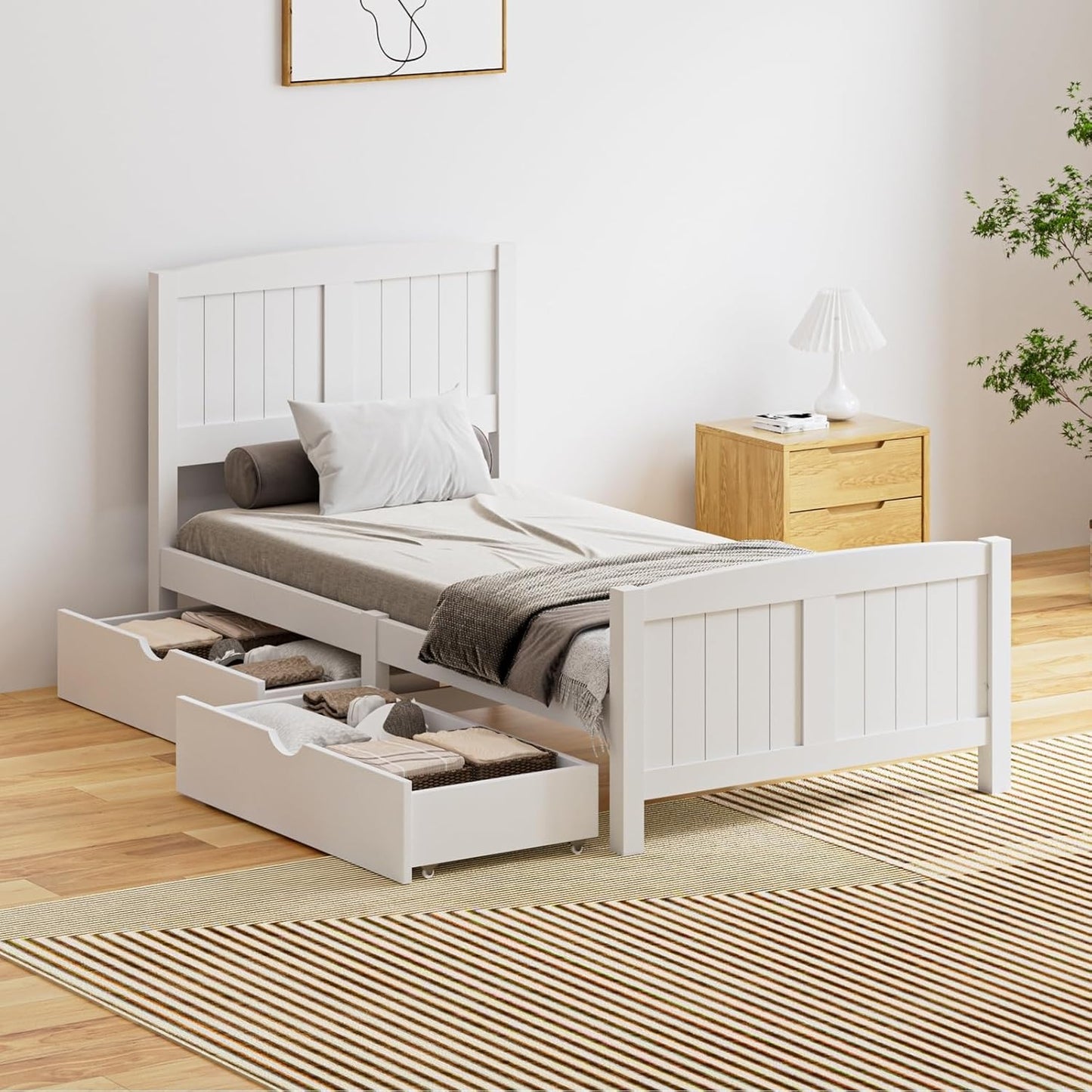 OIKITURE Queen Size Wooden Bed Frame Hampton-Style, Pinewood Bed Frame Platform with Bed Head and High Bed Leg - Compatible with Australian-Sized Mattresses, 211X161X94Cm 